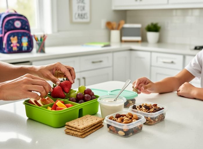 A parent and child pack healthy snacks into a lunchbox next to a school backpack in a bright kitchen.