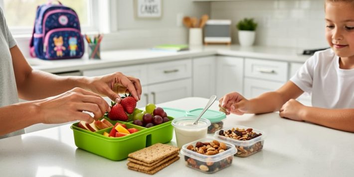 A parent and child pack healthy snacks into a lunchbox next to a school backpack in a bright kitchen.