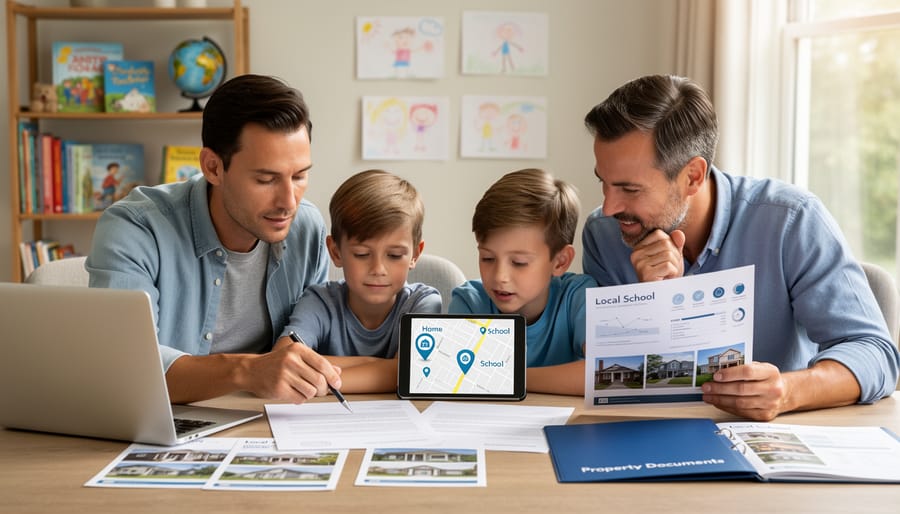 UK family at a kitchen table looking at property paperwork and house keys with a child’s school timetable nearby