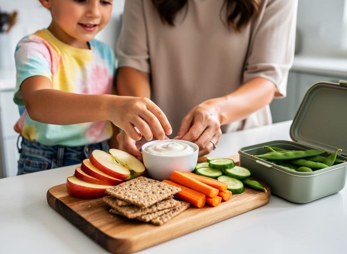 Parent and child preparing healthy after-school snacks on a kitchen counter with fruit, yogurt, crackers, and vegetables.