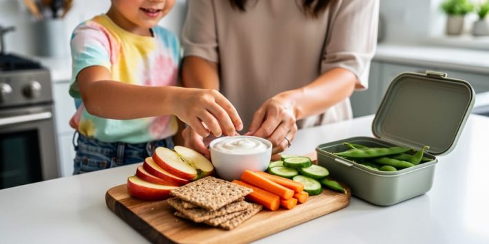 Parent and child preparing healthy after-school snacks on a kitchen counter with fruit, yogurt, crackers, and vegetables.