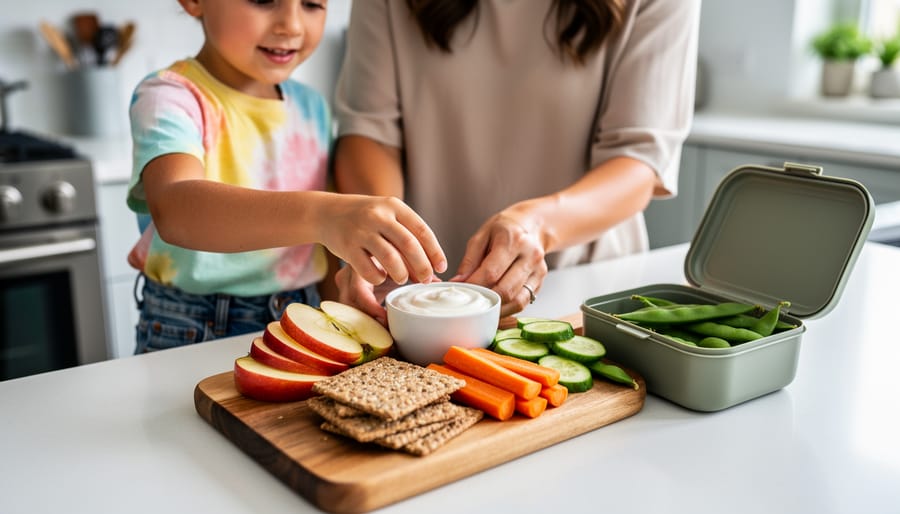 Parent and child preparing healthy after-school snacks on a kitchen counter with fruit, yogurt, crackers, and vegetables.