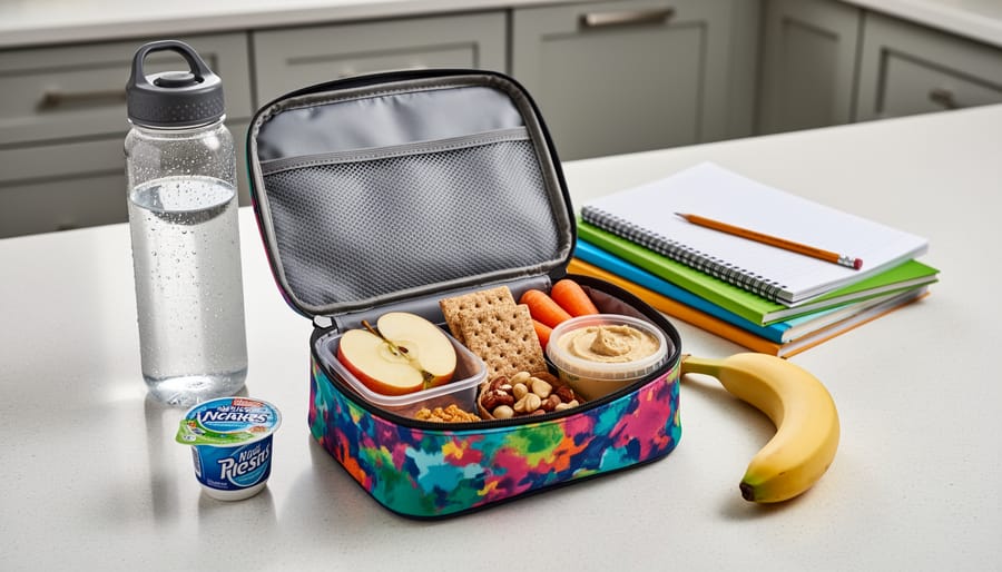 Healthy snacks prepared for school on a lunchroom table next to an open backpack and lunch box.