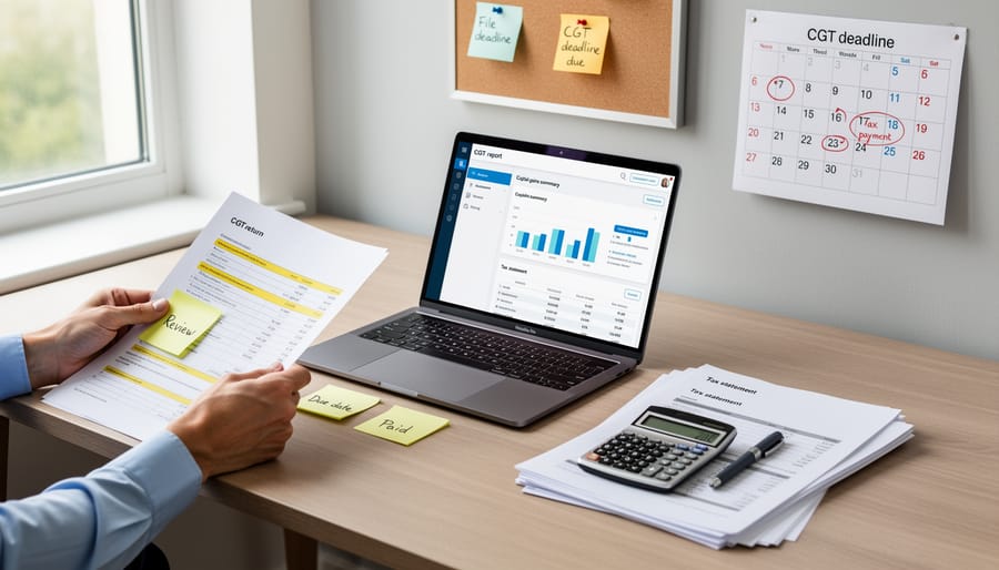 Person in a home office holding a pen over paperwork while viewing a blank document on a smartphone and monitor