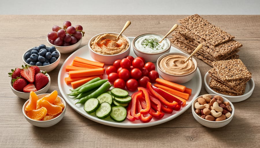 Overhead view of a healthy snack board with apple slices, carrots, hummus, mixed nuts, and whole-grain crackers.