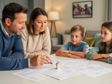 A UK family at a kitchen table reviewing property documents and holding a house key while discussing future plans.