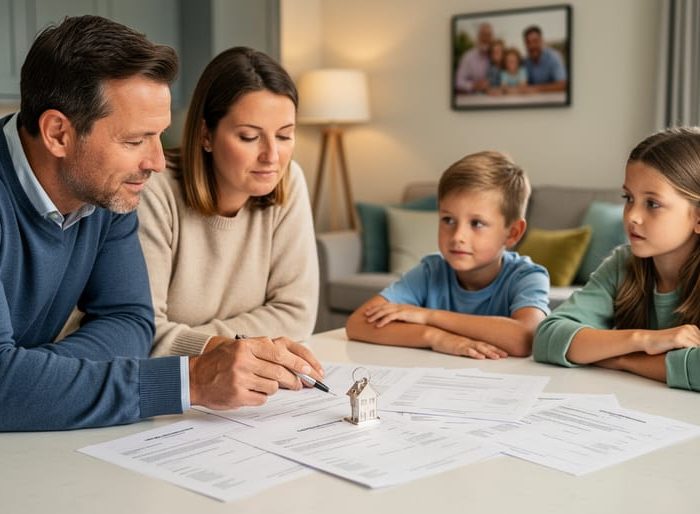 A UK family at a kitchen table reviewing property documents and holding a house key while discussing future plans.