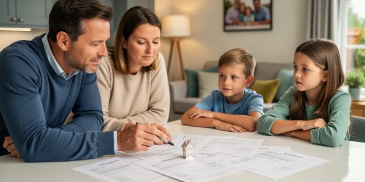A UK family at a kitchen table reviewing property documents and holding a house key while discussing future plans.