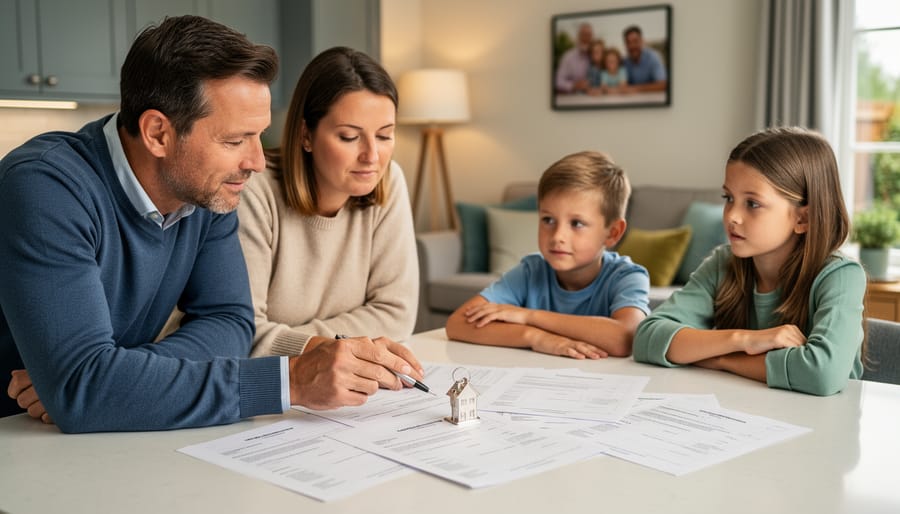 A UK family at a kitchen table reviewing property documents and holding a house key while discussing future plans.