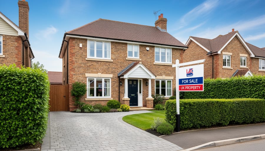 Residential house exterior with a non-readable for sale style sign under an overcast sky