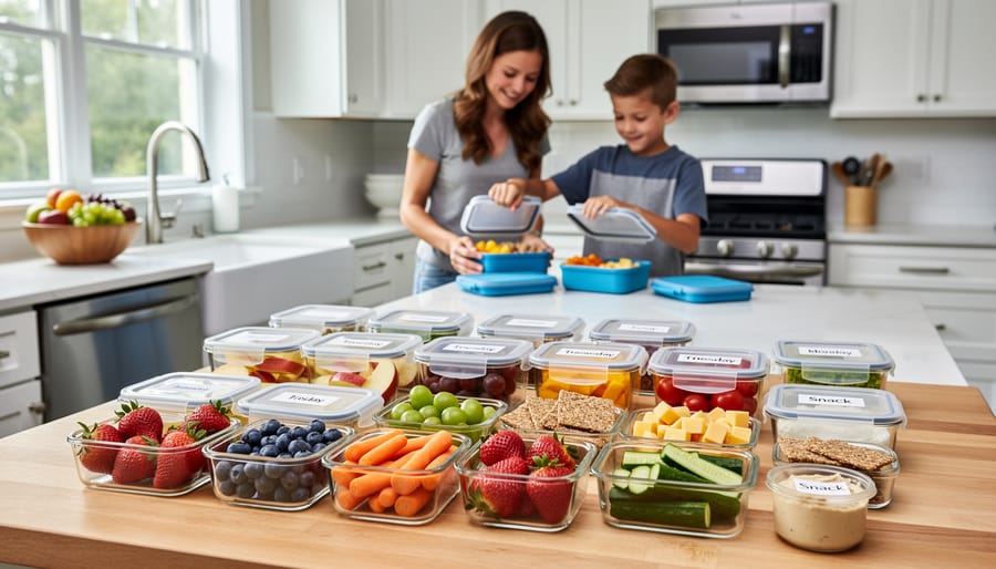 Family hands portioning healthy snacks into reusable containers on a kitchen counter.