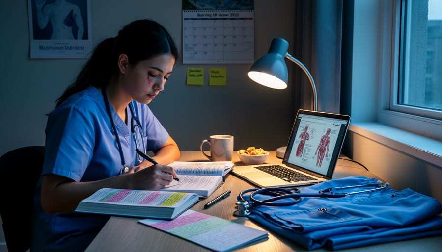 Nursing student in scrubs studying late at night with a laptop and textbooks nearby, stethoscope on the chair.