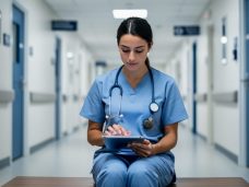“Nursing student in hospital hallway holding a worry stone and reviewing notes on a tablet, suggesting calm stress management during clinical rotations.”