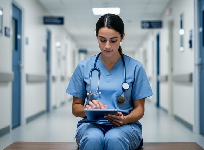 “Nursing student in hospital hallway holding a worry stone and reviewing notes on a tablet, suggesting calm stress management during clinical rotations.”