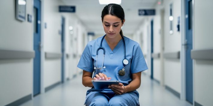 “Nursing student in hospital hallway holding a worry stone and reviewing notes on a tablet, suggesting calm stress management during clinical rotations.”