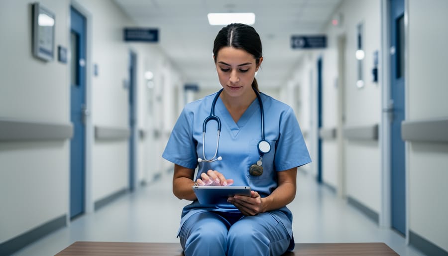 “Nursing student in hospital hallway holding a worry stone and reviewing notes on a tablet, suggesting calm stress management during clinical rotations.”