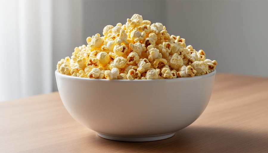 Air-popped popcorn in a bowl with a light seasoning sprinkle