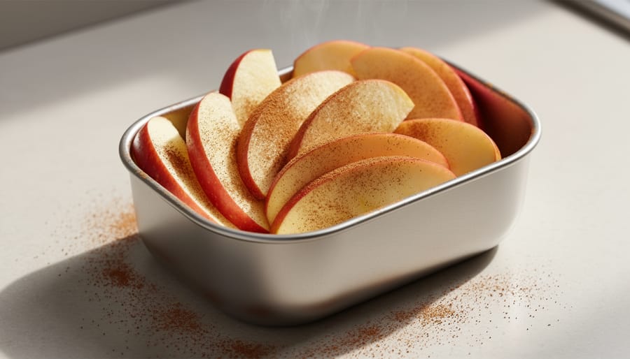 Apple slices with a sprinkle of cinnamon in a lunchbox-style snack container