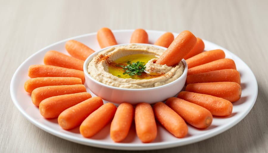 Baby carrots with hummus in a small bowl on a plate