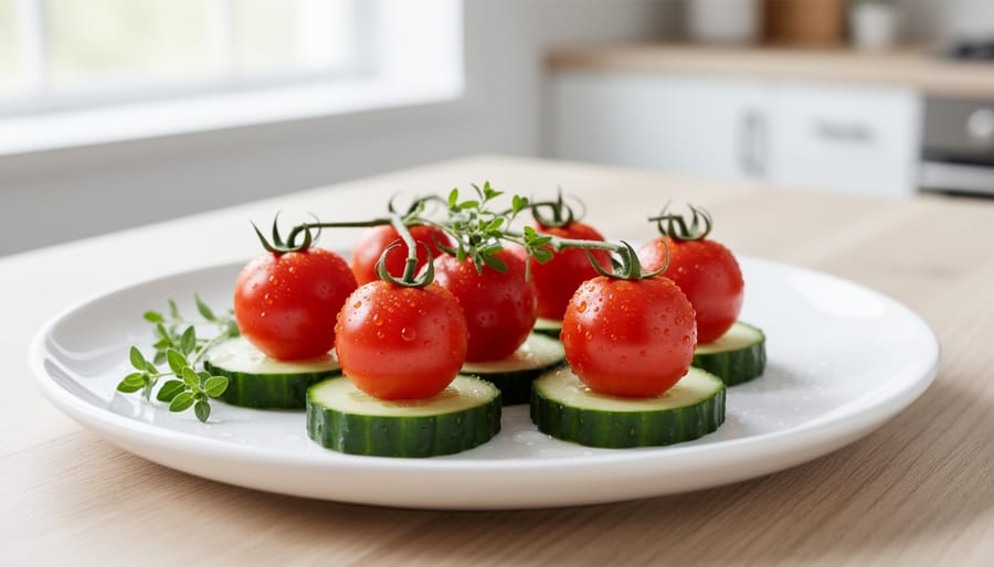 Cucumber rounds with cherry tomato halves arranged on a plate