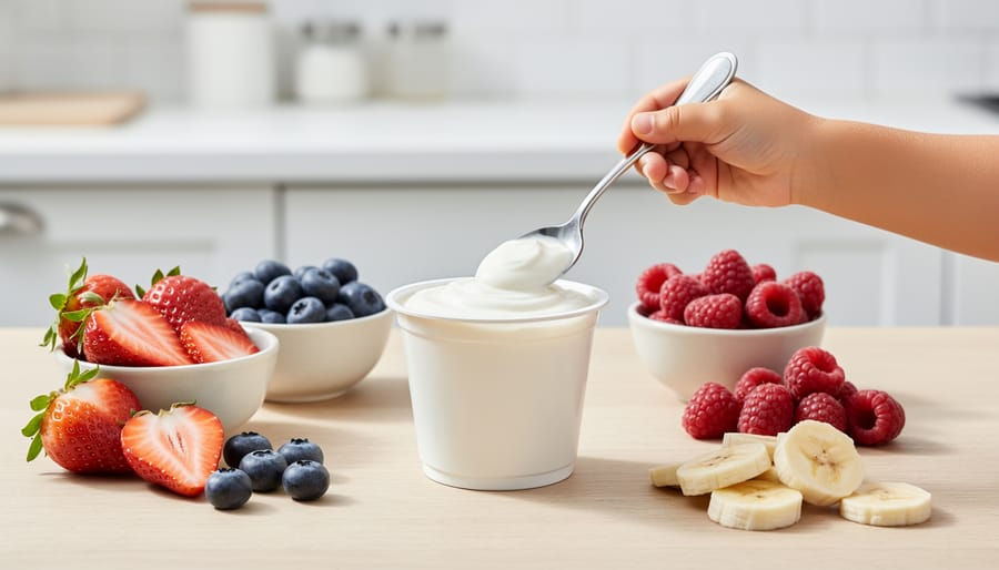 Cup of plain light Greek yogurt topped with a few blueberries