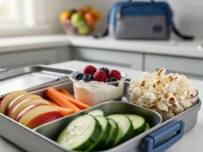 Close-up of a child’s lunchbox with apple slices, carrot and cucumber sticks, Greek yogurt with berries, and air-popped popcorn on a kitchen table.