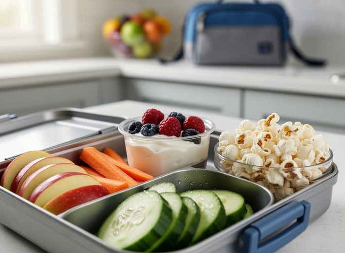 Close-up of a child’s lunchbox with apple slices, carrot and cucumber sticks, Greek yogurt with berries, and air-popped popcorn on a kitchen table.