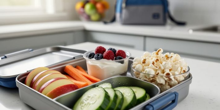 Close-up of a child’s lunchbox with apple slices, carrot and cucumber sticks, Greek yogurt with berries, and air-popped popcorn on a kitchen table.