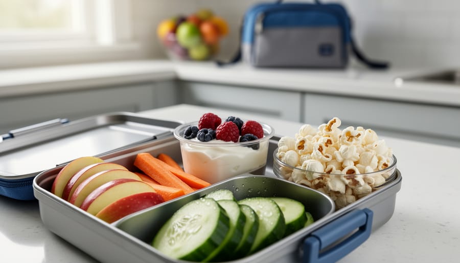 Close-up of a child’s lunchbox with apple slices, carrot and cucumber sticks, Greek yogurt with berries, and air-popped popcorn on a kitchen table.
