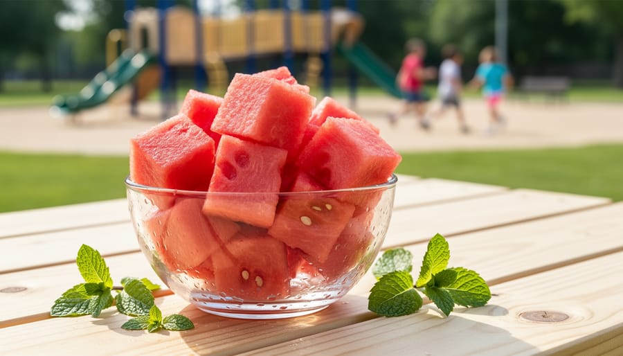 Bowl of watermelon cubes on a picnic cloth