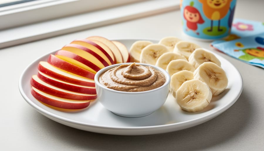 Apple slices and banana rounds with nut or seed butter in a lunchbox-style snack setup