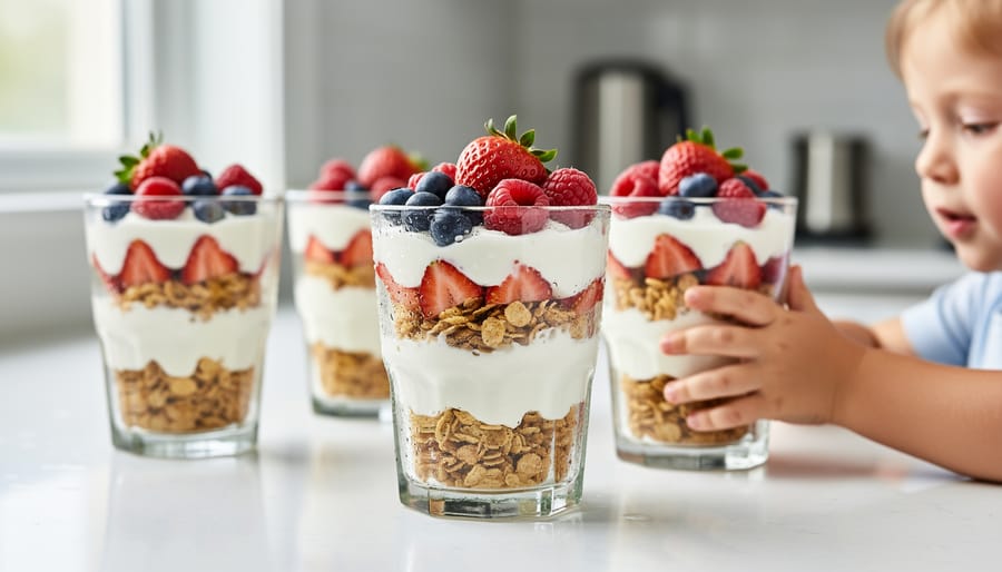 Greek yogurt parfait with layers of berries and granola in a glass cup