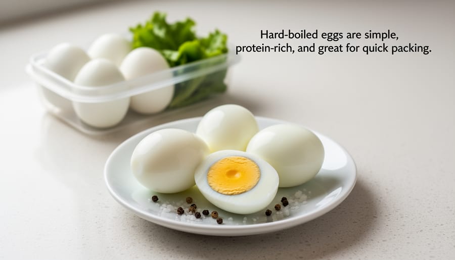 Hard-boiled eggs in a small container with a light seasoning sprinkle
