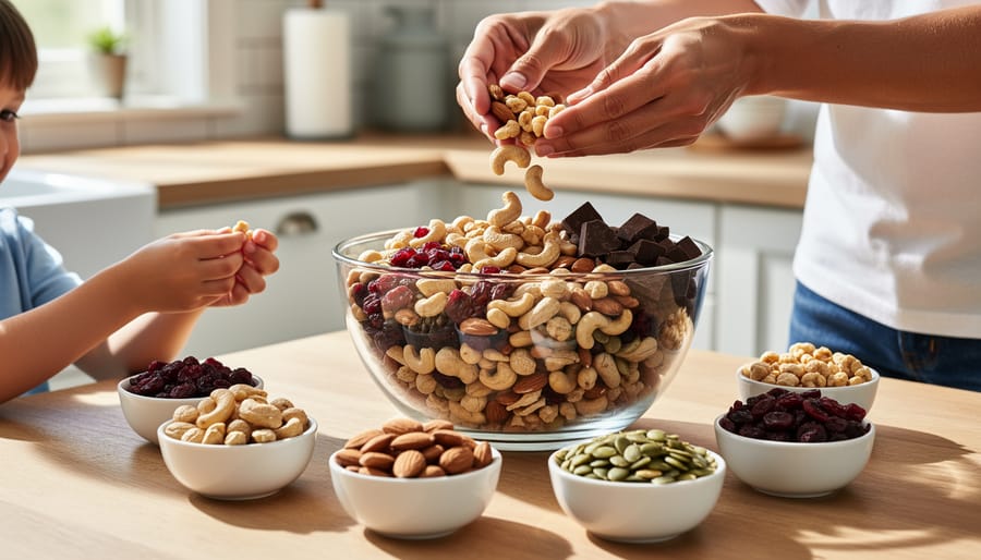 Close-up of homemade trail mix with nuts, seeds, dried fruit, and dark chocolate chips