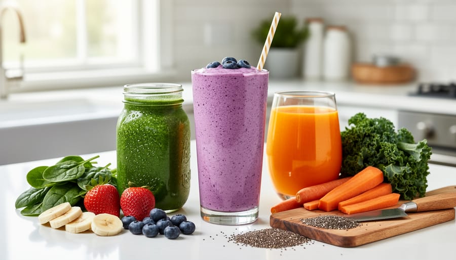 A smoothie in a reusable container with visible fruit and vegetable ingredients nearby