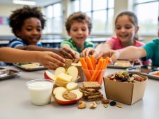 Kids at a school cafeteria table selecting healthy snack options like yogurt, apple slices with nut butter, carrots, crackers with cheese, and trail mix.
