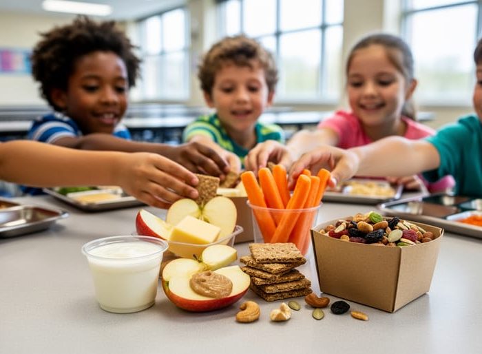 Kids at a school cafeteria table selecting healthy snack options like yogurt, apple slices with nut butter, carrots, crackers with cheese, and trail mix.
