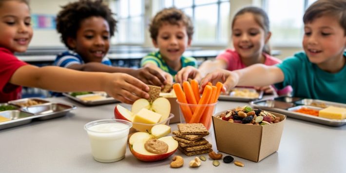 Kids at a school cafeteria table selecting healthy snack options like yogurt, apple slices with nut butter, carrots, crackers with cheese, and trail mix.