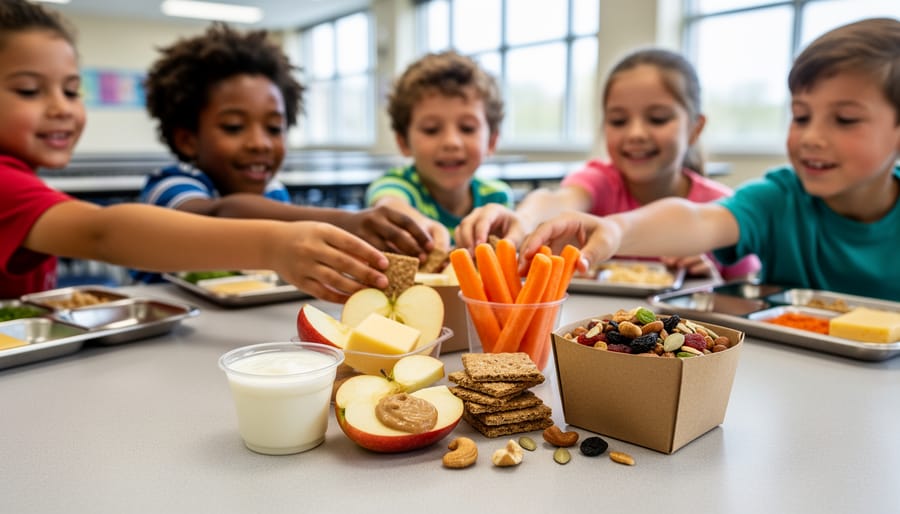 Kids at a school cafeteria table selecting healthy snack options like yogurt, apple slices with nut butter, carrots, crackers with cheese, and trail mix.