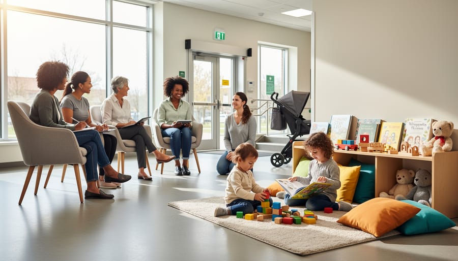 A parent holding a child while observing an inclusive school community learning space