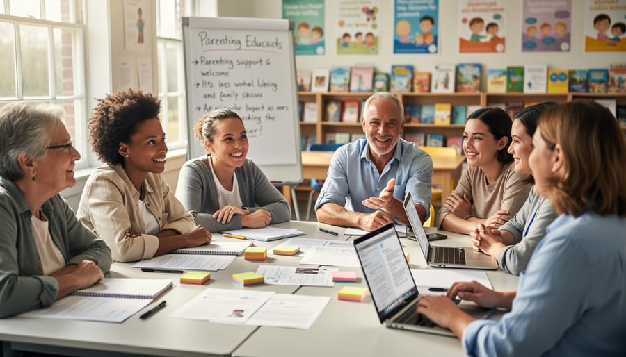 Diverse parents and school staff sitting together in a community room during a workshop discussion