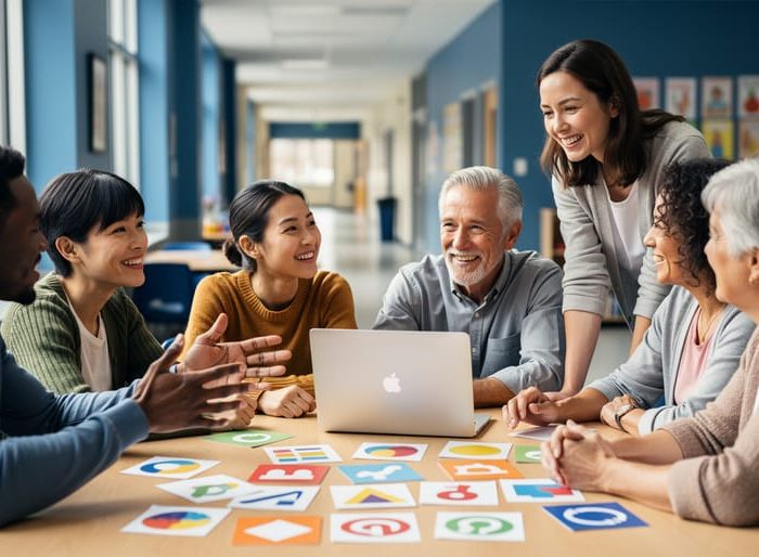 “Diverse parents collaborating with an educator in a school community room using learning materials and a laptop, symbolizing parent upskilling to support student learning.”