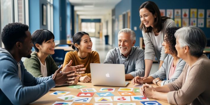 “Diverse parents collaborating with an educator in a school community room using learning materials and a laptop, symbolizing parent upskilling to support student learning.”