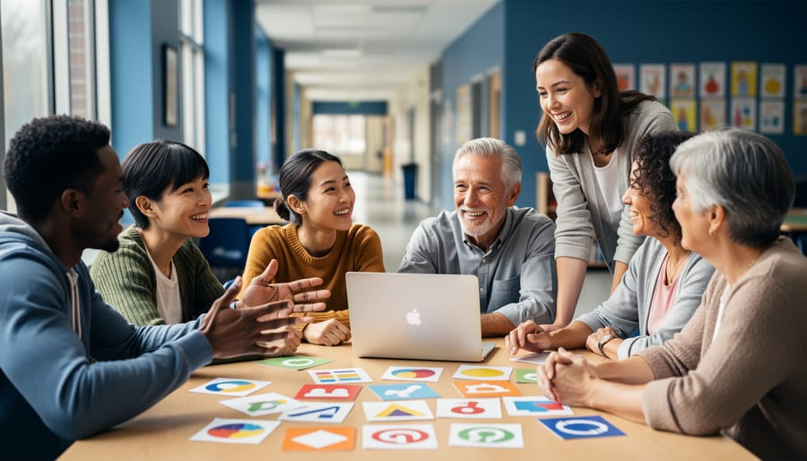 “Diverse parents collaborating with an educator in a school community room using learning materials and a laptop, symbolizing parent upskilling to support student learning.”