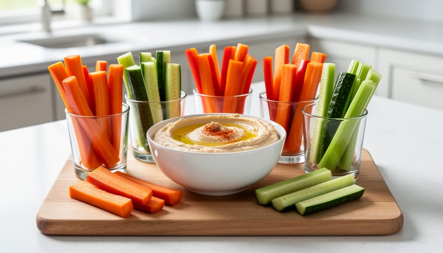 Assorted veggie sticks arranged with a bowl of hummus dip