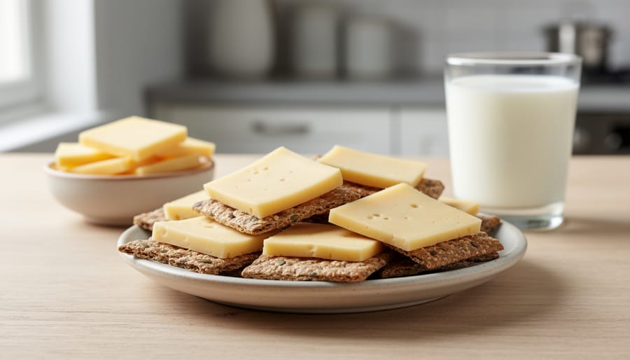 Whole grain crackers with cheese cubes and grapes on a small plate