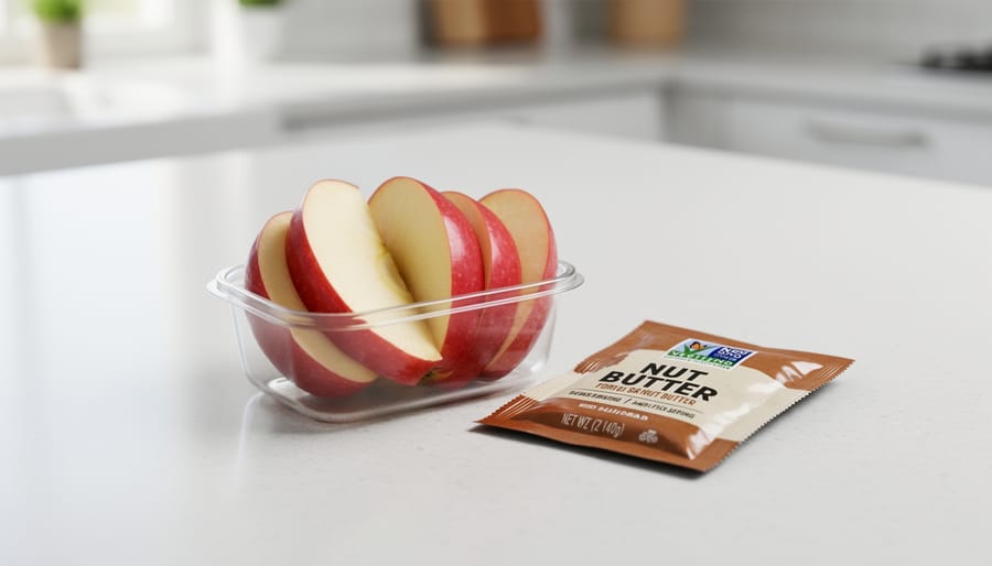 Close-up overhead view of apple slices with a nut butter packet on a cutting board for easy school snacking.