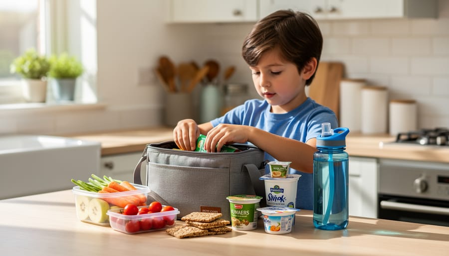 A child packing a lunch bag with healthy portable snacks like string cheese, hummus, apple slices, and yogurt.
