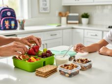 A parent and child pack healthy snacks into a lunchbox next to a school backpack in a bright kitchen.