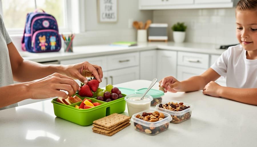 A parent and child pack healthy snacks into a lunchbox next to a school backpack in a bright kitchen.